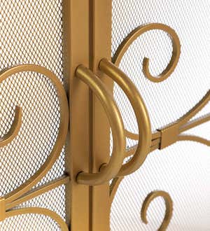 Large Steel Crest Fireplace Screen with Doors and Wrought Iron Scrollwork