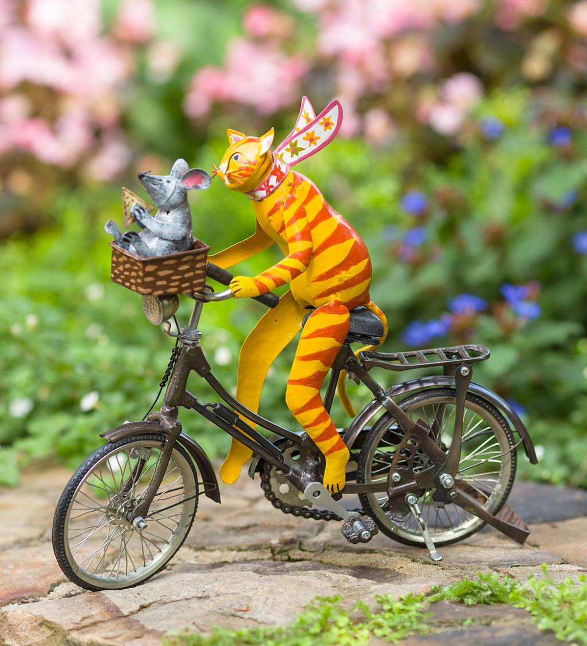 Cycling Cat and Mouse Metal Sculpture