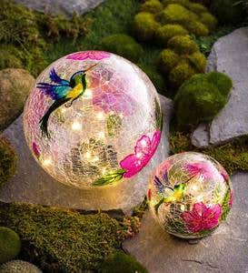 Hummingbird Crackle Glass Solar Globes, Set of 2