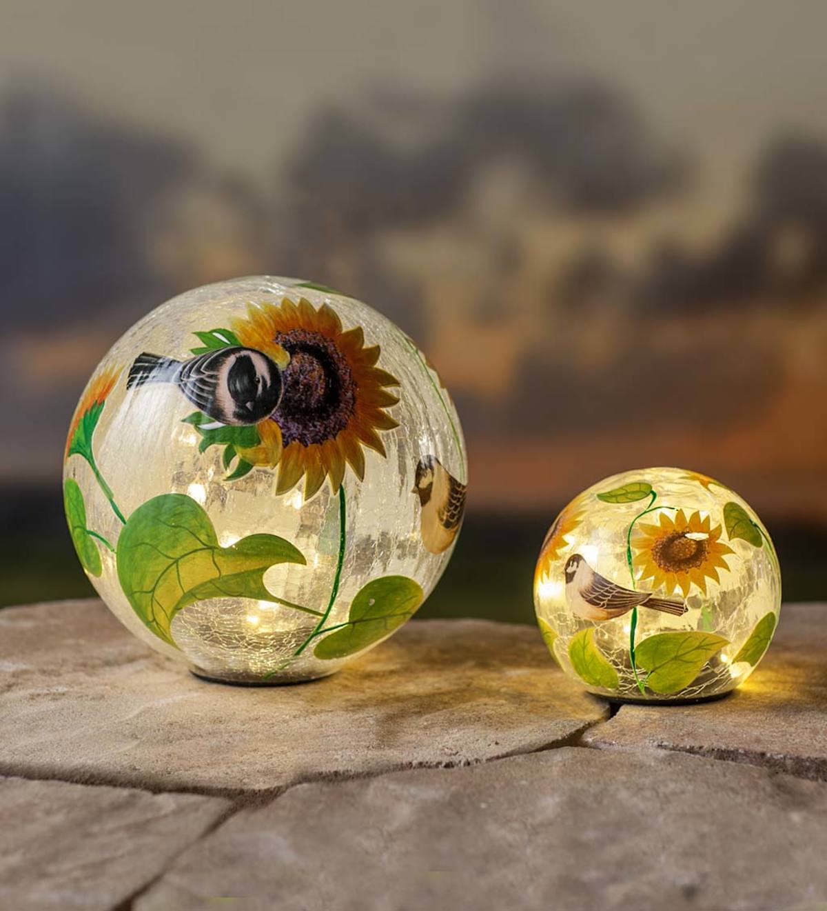 Crackle Glass Sunflower And Birds Lighted Globes, Set of 2