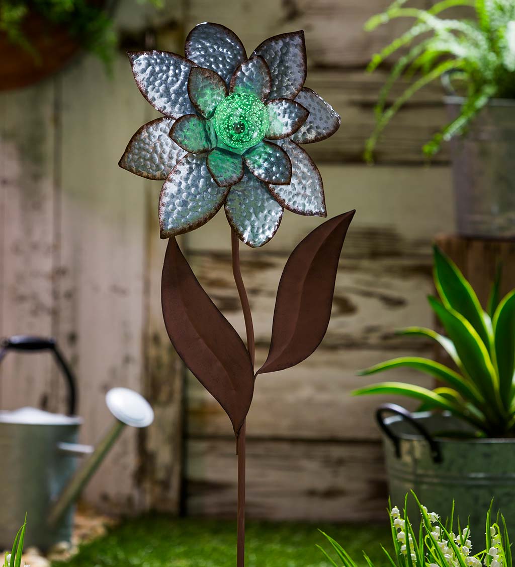 Solar Galvanized Metal Flower Thermometer Garden Stake
