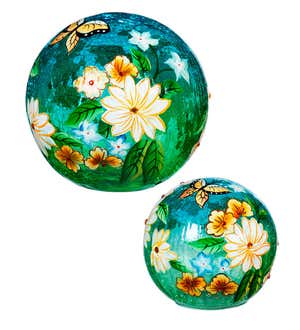 Butterfly Floral Crackle Glass Lighted Globes, Set of 2