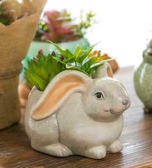 Ceramic Rabbit Planter with Faux Succulents