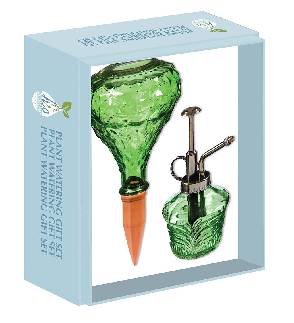 Faceted Glass House Plant Watering Gift Set - Green