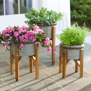 Galvanized Metal Planters with Wooden Stands, Set of 3