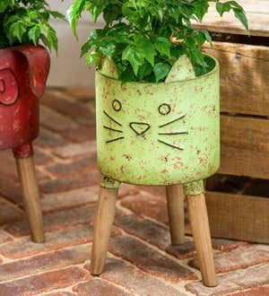 Rustic Metal Cat Planter with Wooden Legs