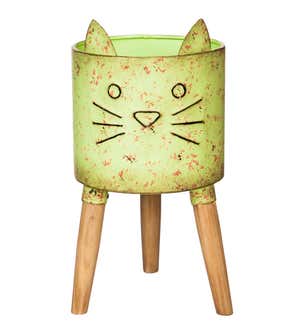 Rustic Metal Cat Planter with Wooden Legs