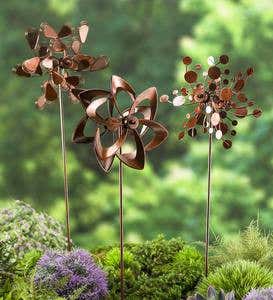 Pinwheel Mini Wind Spinners with Garden Stake, Set of 3 - Copper-Colored