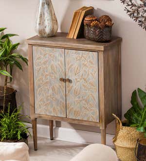 Mango Wood Storage Cabinet with Decorative Leaf Design