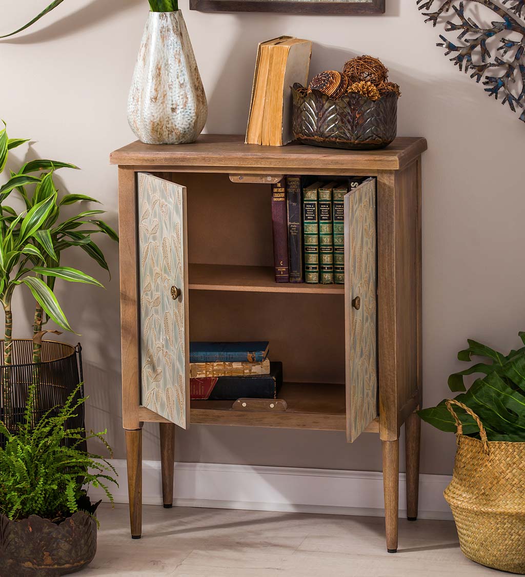 Mango Wood Storage Cabinet with Decorative Leaf Design