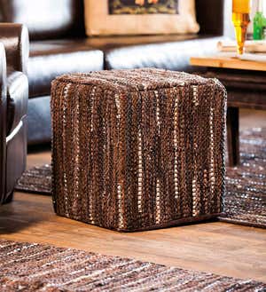 Patterned Leather Pouf Ottoman - Brown