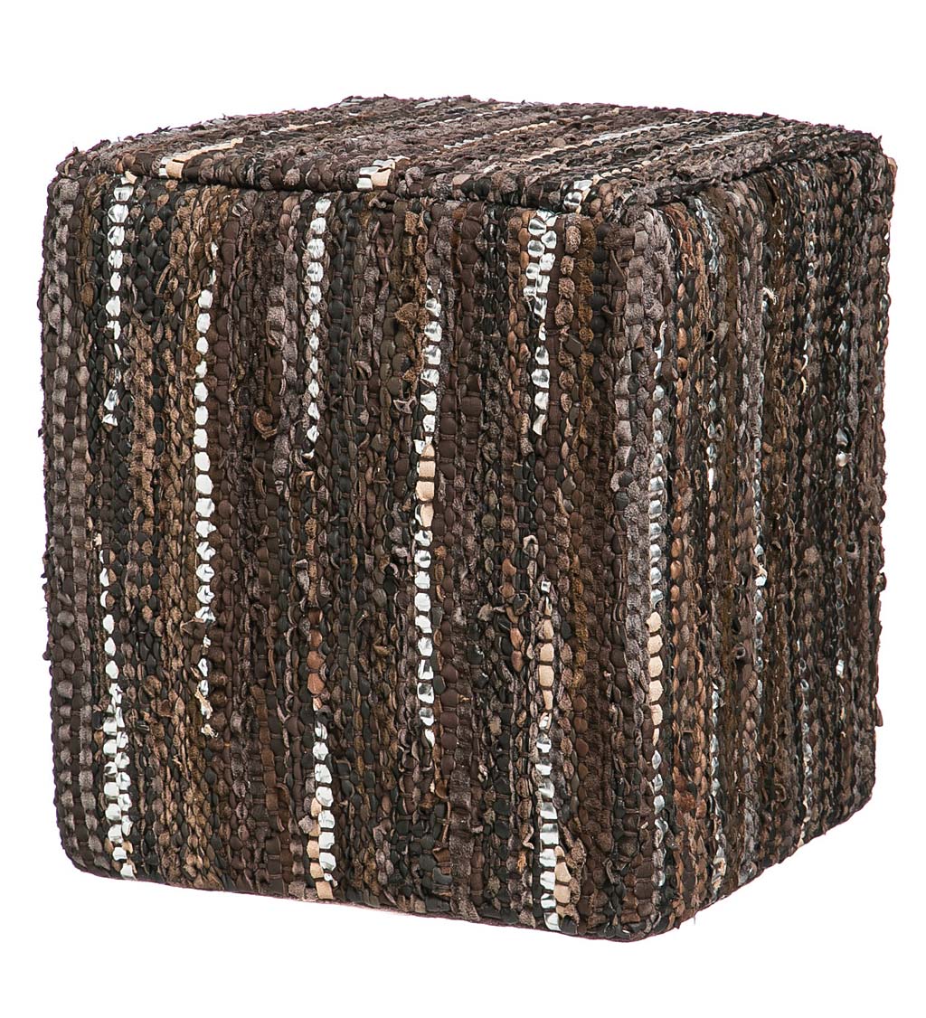 Patterned Leather Pouf Ottoman - Brown