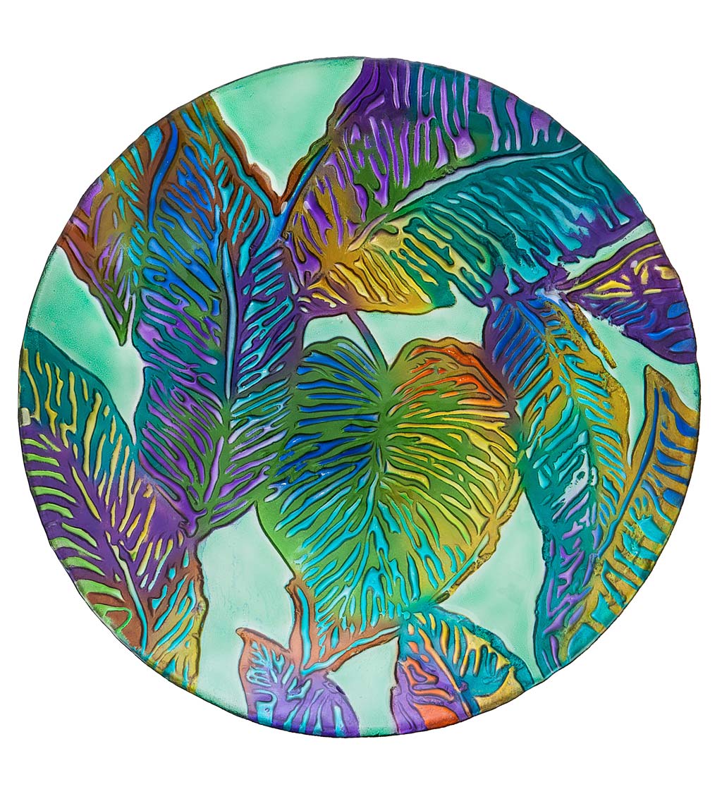 Handpainted Tropical Palm Leaves Embossed Glass Birdbath