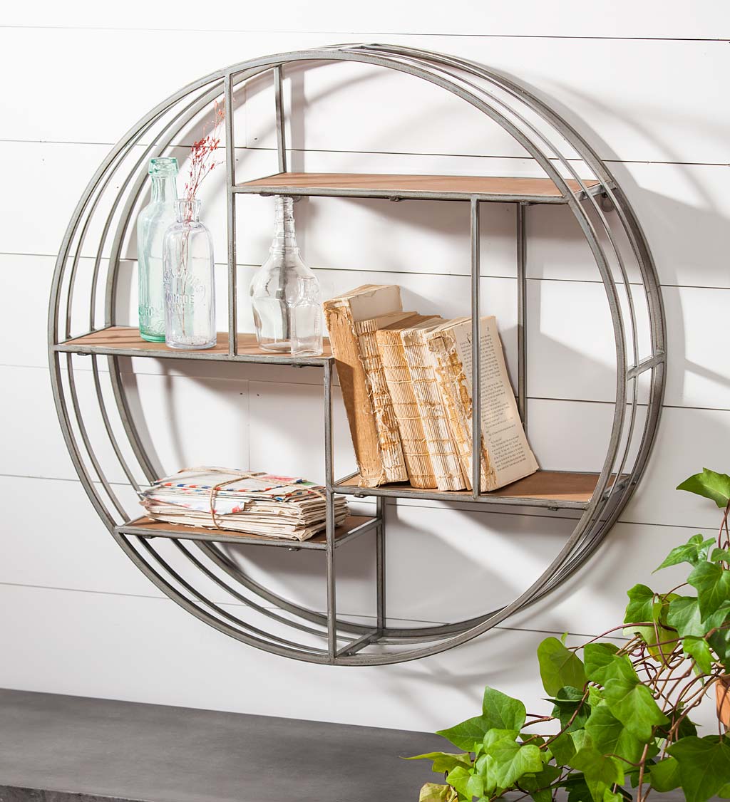 Round Metal Wall Display with Wood Shelves