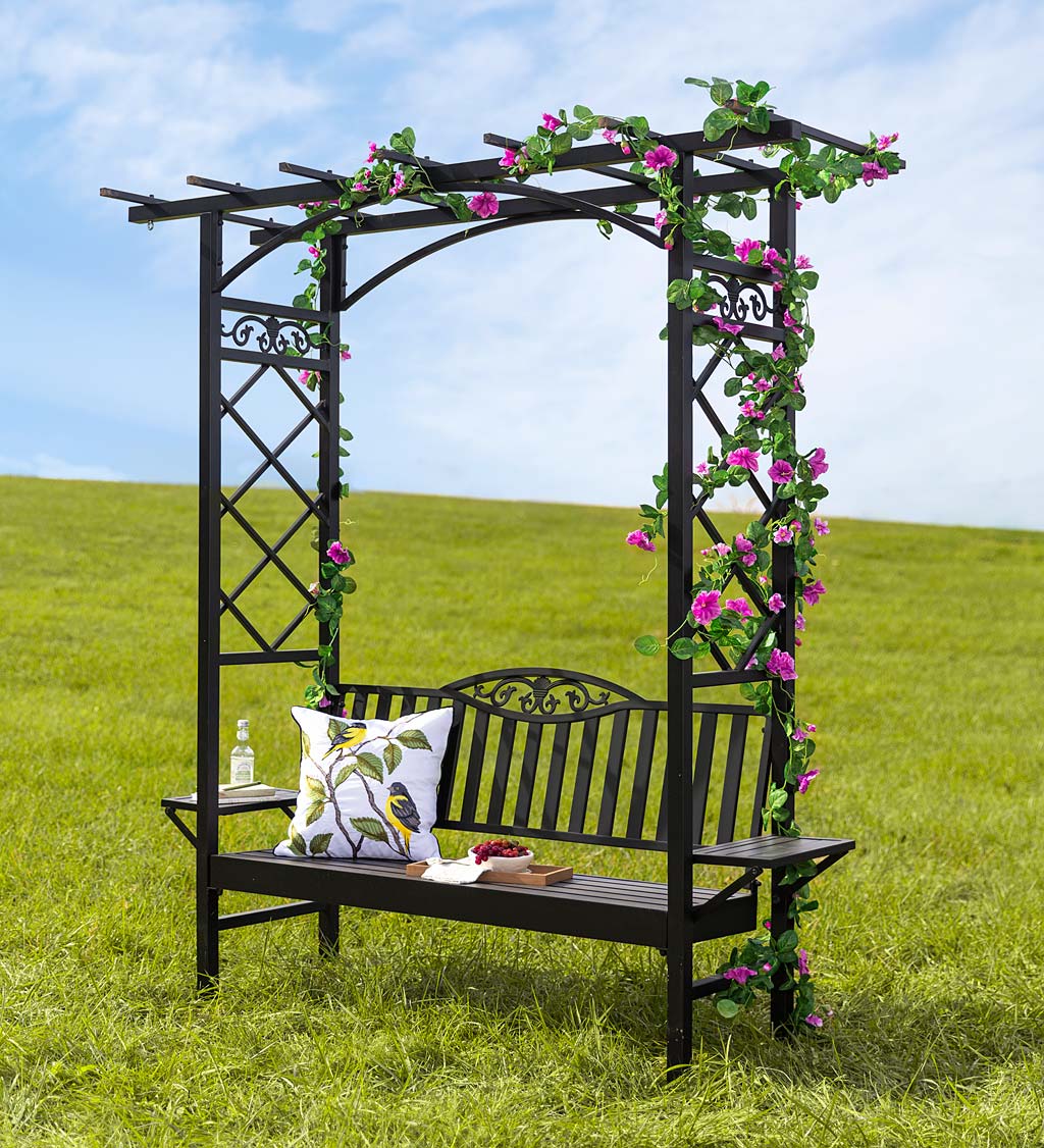Cast Aluminum Arbor Bench with Side Tables
