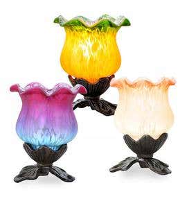 Hand-Painted Frosted Glass Tulip Lily Accent Lamp - Magenta