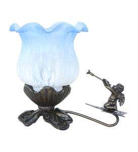 Hand-Painted Glass Tulip Lily Accent Lamp with Cherub - White