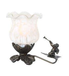 Hand-Painted Glass Tulip Lily Accent Lamp with Cherub - White