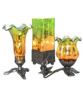 Mercury Glass Accent Lamps, Set of 3 - Amber/Green