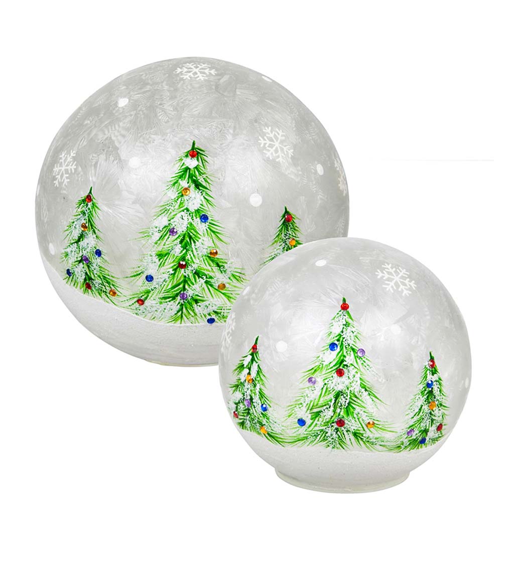 Glass Hand-Painted Christmas Trees LED Globes, Set of 2