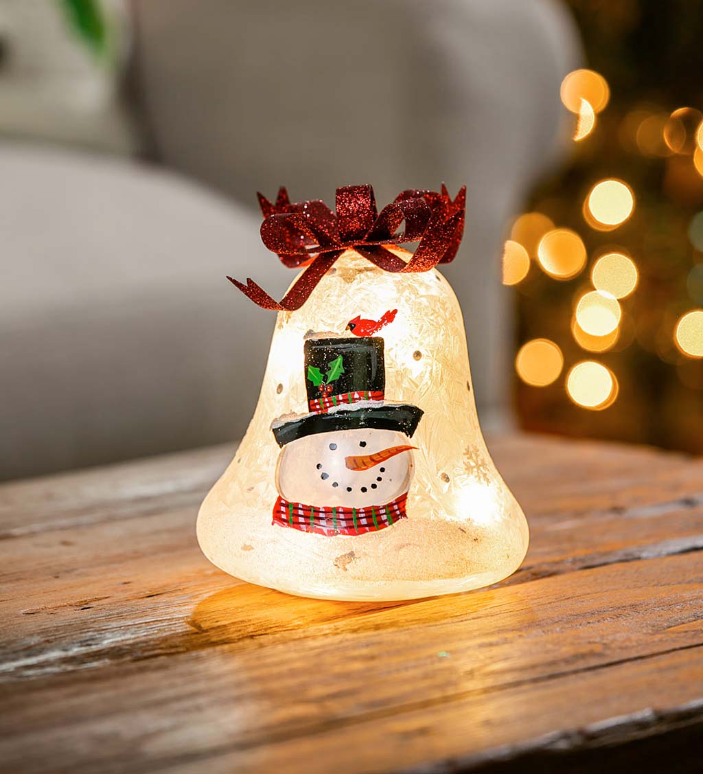 Hand-Painted Snowman and Cardinal LED Glass Bell
