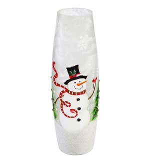 Glass Hand Painted Snowman and Cardinal LED Cylinder