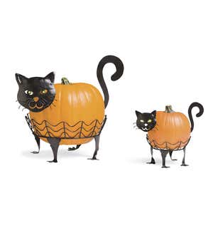 Halloween Cat Pumpkin Holders with Green LED Eyes, Set of 2 - Cats