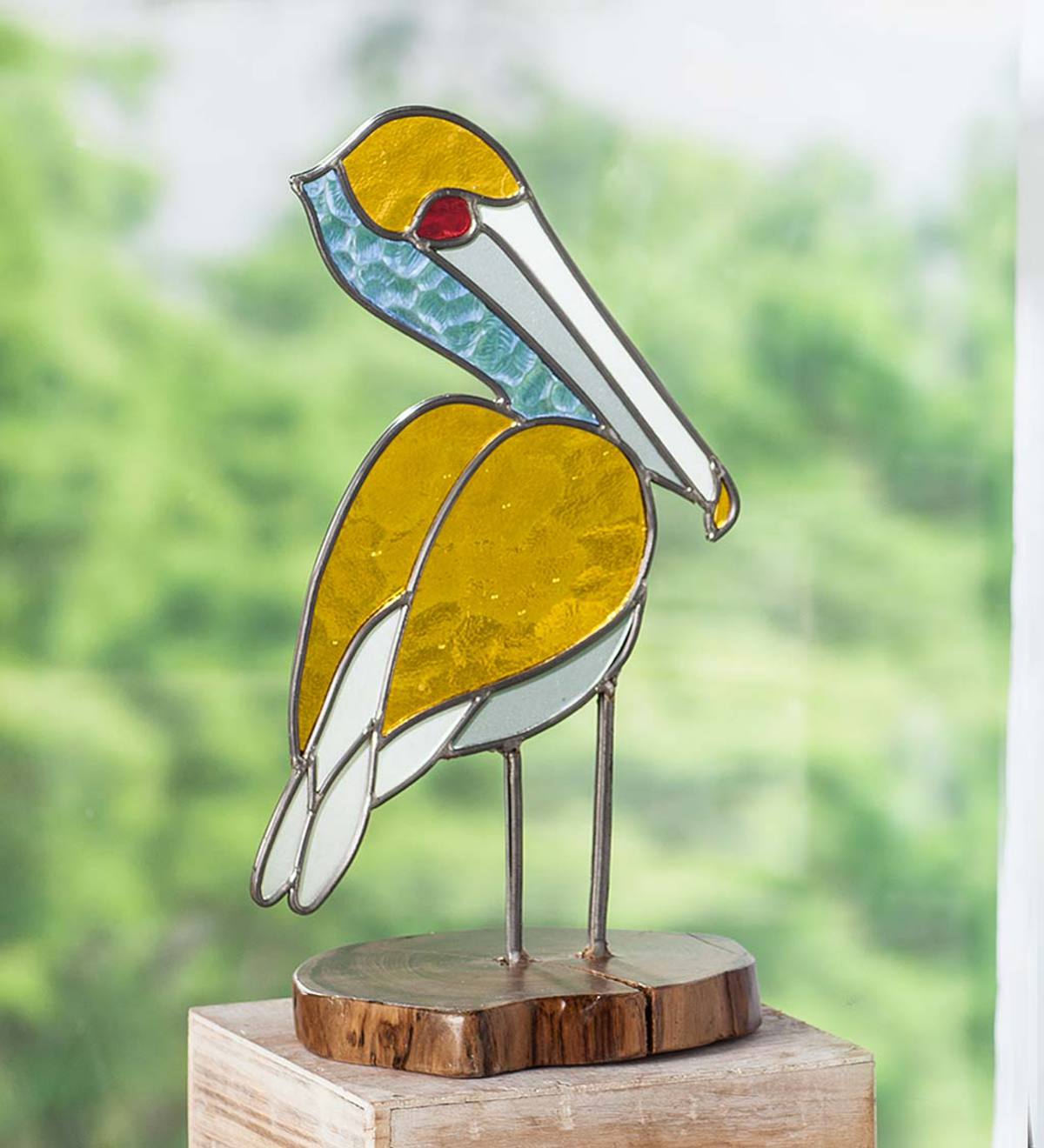 Stained Glass Pelican on Teak Wood Base