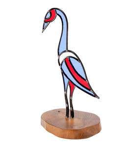 Stained Glass Crane with Teak Wood Base
