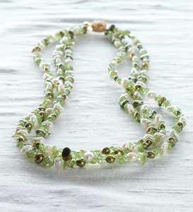 Triple Strand Freshwater Pearl and Peridot Necklace