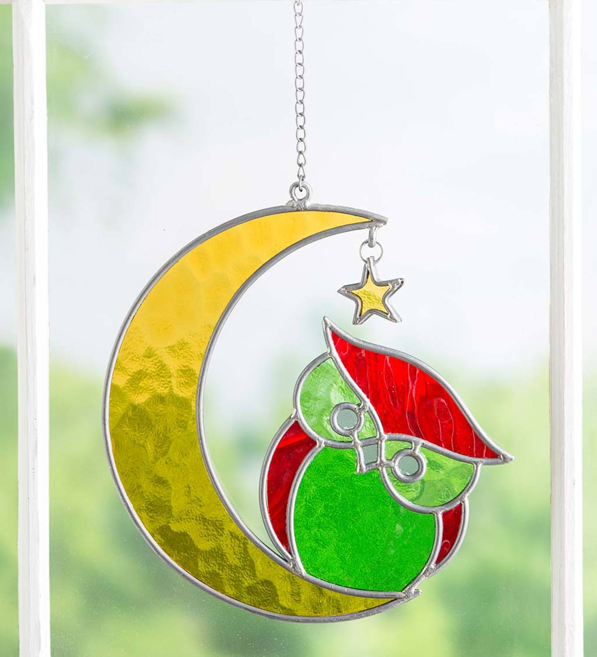 Owl on Moon Hanging Stained Glass Decoration