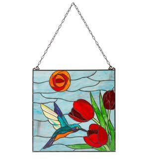 Stained Glass Hummingbird And Tulips Art Panel with Metal Frame and Chain