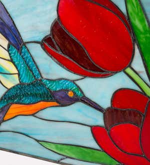 Stained Glass Hummingbird And Tulips Art Panel with Metal Frame and Chain