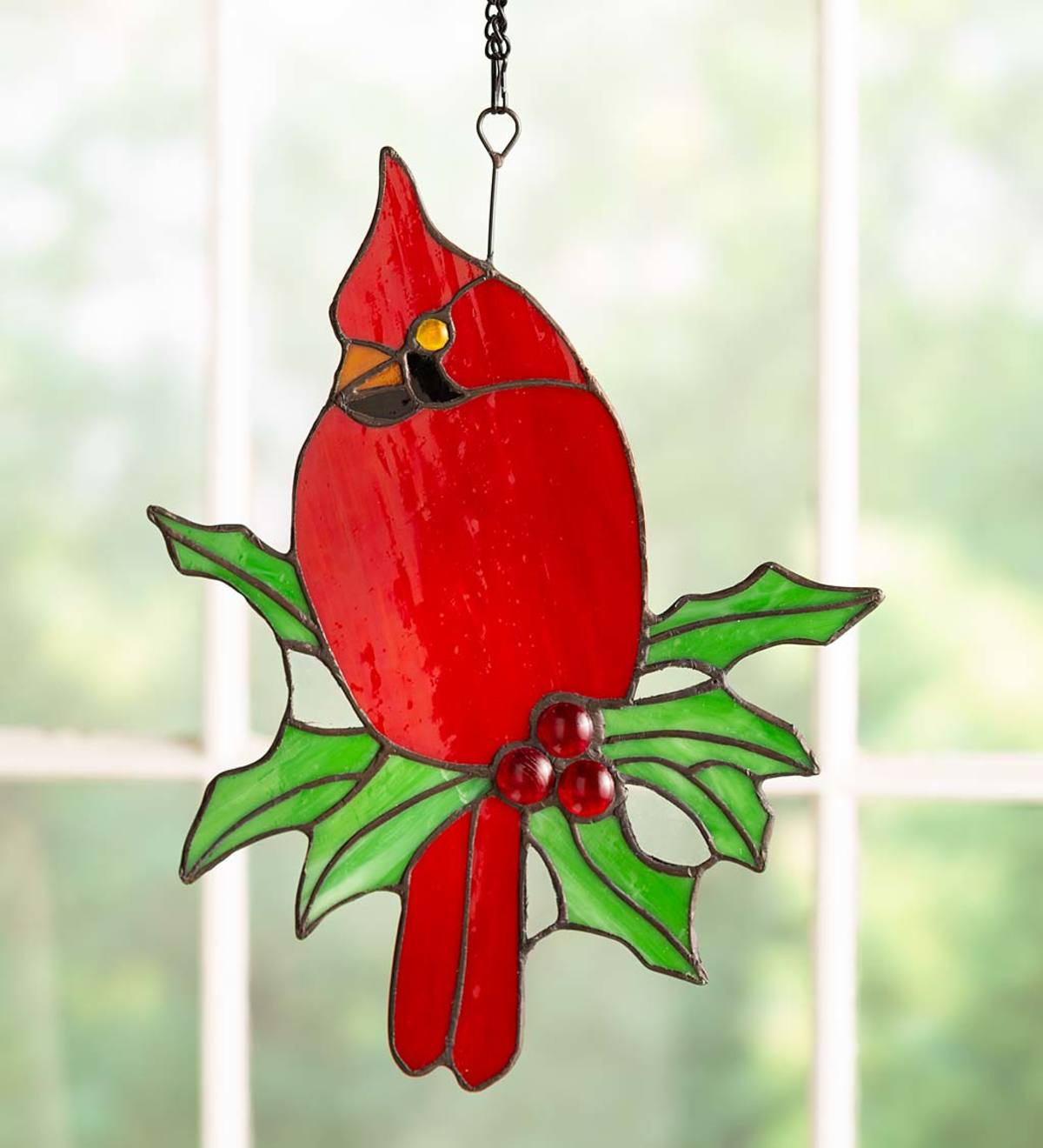 Stained Glass Cardinal Sun Catcher with 11" Hanging Chain