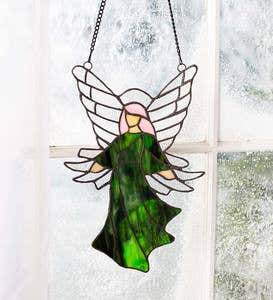 Colorful Stained Glass Angel Sun Catcher with 24" Hanging Chain - Green