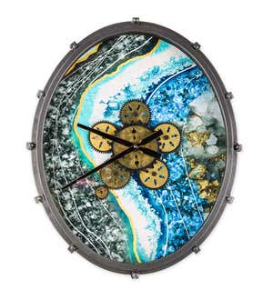 Oval Gear-Face Analog Indoor Wall Clock With Geode-Inspired Background