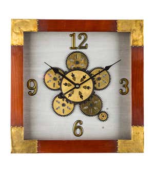 Square Gear-Face Analog Indoor Wall Clock With Wood-Look MDF Frame