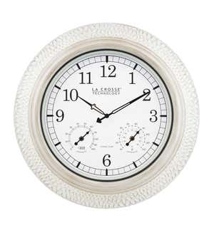 Indoor/Outdoor Atomic Analog Wall Clock with Temperature and Humidity and Whitewashed Hammered Metal Frame