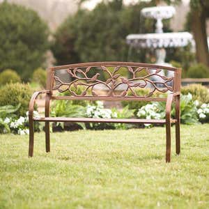 Antiqued Copper-Colored Metal Bench with Tree of Life Motif Backrest