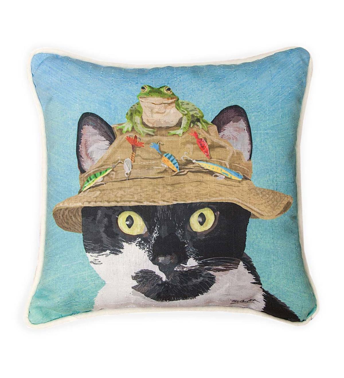 Fisherman Cat with Frog Throw Pillow