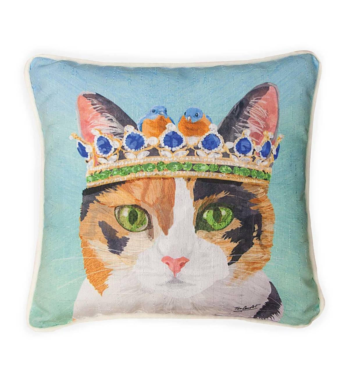 Cat in Crown with Bluebirds Throw Pillow