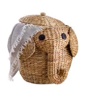 Woven Water Hyacinth Elephant Storage Basket with Lid