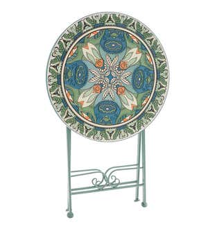 Folding Metal Teal Bistro Table with Mosaic Design Top