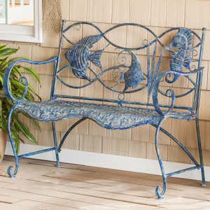 Nautical-Themed Metal Bench with Two Fish and a Seahorse on Back