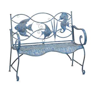 Nautical-Themed Metal Bench with Two Fish and a Seahorse on Back