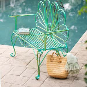 Powder-Coated Metal Peacock Garden Bench in Green with Accent Colors