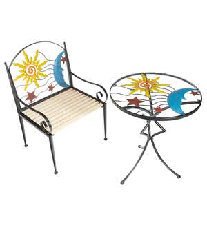 Sun, Moon and Stars Metal Chair and Metal and Glass Table Set