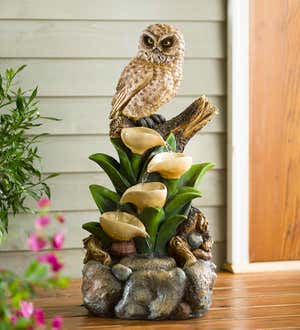 Lifelike Owl, Lilies and Rocks Indoor Cascading Fountain
