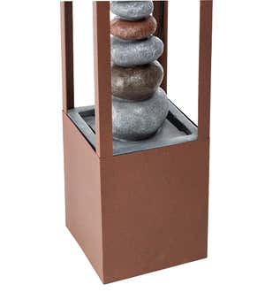 Contemporarly Lighted Metal Fountain with Rock Tower and Integrated Planter