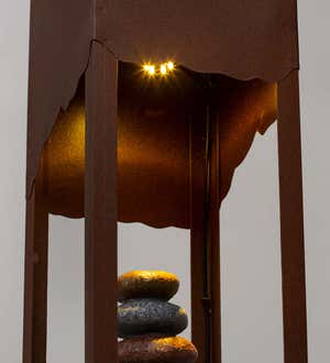 Contemporarly Lighted Metal Fountain with Rock Tower and Integrated Planter